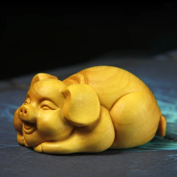 

Boxwood 6CM Pig Sculpture Wood Carving Animal Statue Chinese Zodiac Piggy Home Decor