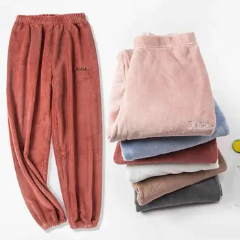 

Trendy Women Autumn Solid Color Flannel Ankle Tie Casual Long Pajama Trousers Warm Pant lounge wear Pijama Mujer домашняя одежда