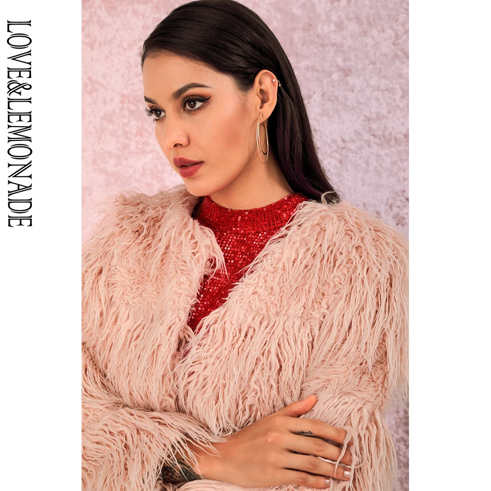 LOVE& LEMONADE сексуальное розовое искусственное меховое темное Полосатое короткое пальто с круглым вырезом LM90122 осень/зима