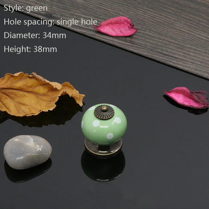 Классическая керамическая ручка с одним отверстием, круглая ручка и ручка для выдвижного ящика шкафа, мультяшная керамика из сплава на основе цинка - Цвет: Green single hole