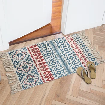 

Geometric Small Knit Carpet Washable Nordic Bohemian Small Area Rug Cotton Hand Weaving Tassels Printed Mat for Sofa Living Room