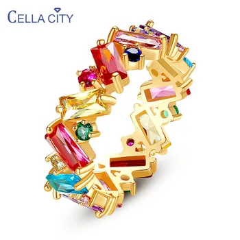 

Cellacity Trendy Geometry Silver 925 Jewelry Charms Gemstones Ring for Women Colorful Zircon Rainbow Female Party Fine Jewelry