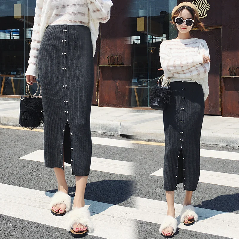 OCEANLOVE Beading Split Solid Knitted Faldas Mujer Moda Autumn High Waist Pencil Skirt Winter Office Lady Long Skirt 12813