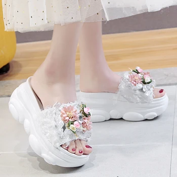 

Rimocy Summer Beach Wedge Woman Shoes Sandals Pink Floral High Heels Platform Slides Woman Thick Bottom Slippers Outdoor 2020