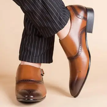 

38~48 Large Size Men Monk Strap Loafers Brogues Dress Shoes Italian Mens Slip On Pointed Toe Formal Wedding Suit Leather Shoes