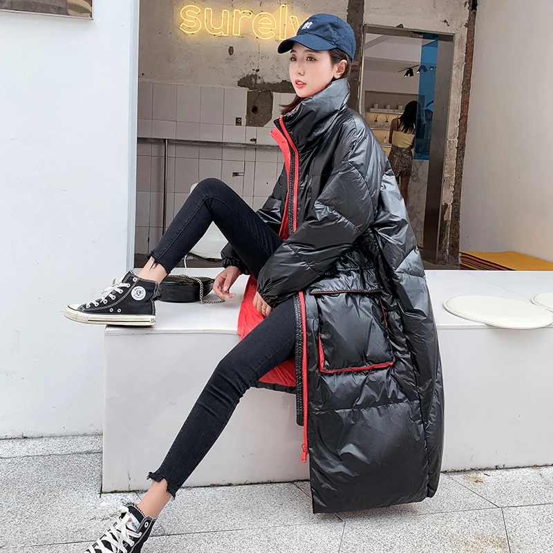 2019 зимние женские пуховики Новые однотонные длинные Пуховики с воротником