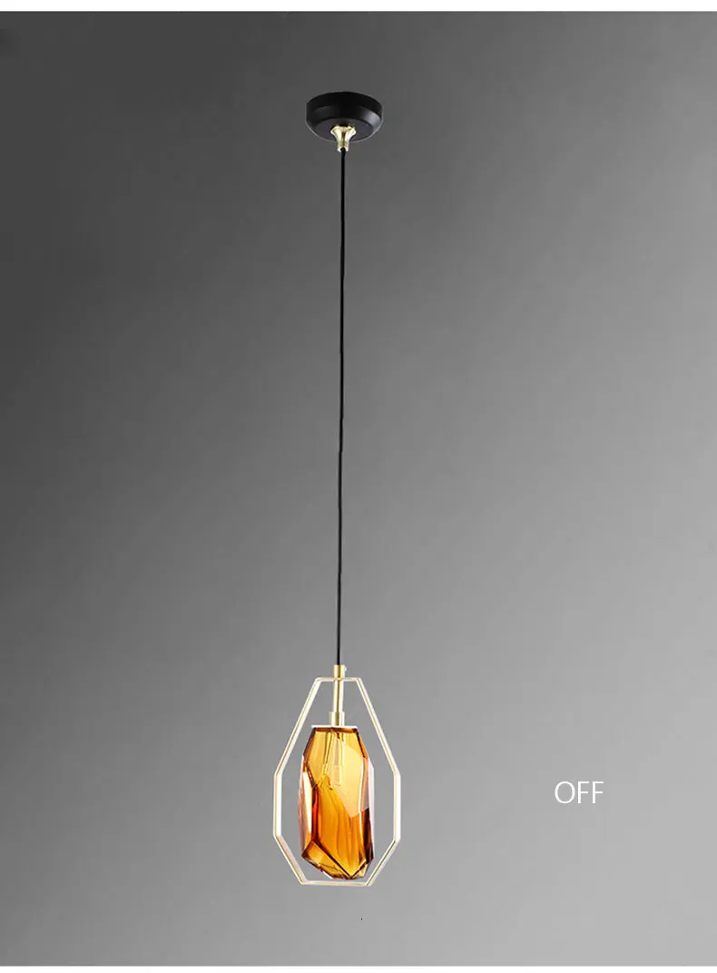 Modern irregular design amber glass single pendant lamp simple restaurant bedside decoration LED lighting polygon hanging lamp