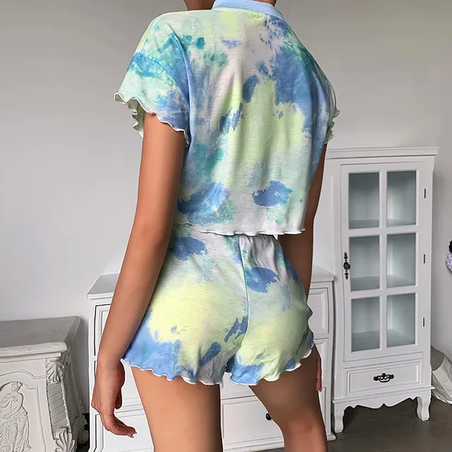 Women's Sleepwear Tie Dye Print Short Set Pajamas For Women Pajama Set Fashion Short Sleeve T Shirts & Shorts Summer Pijama#g35 2