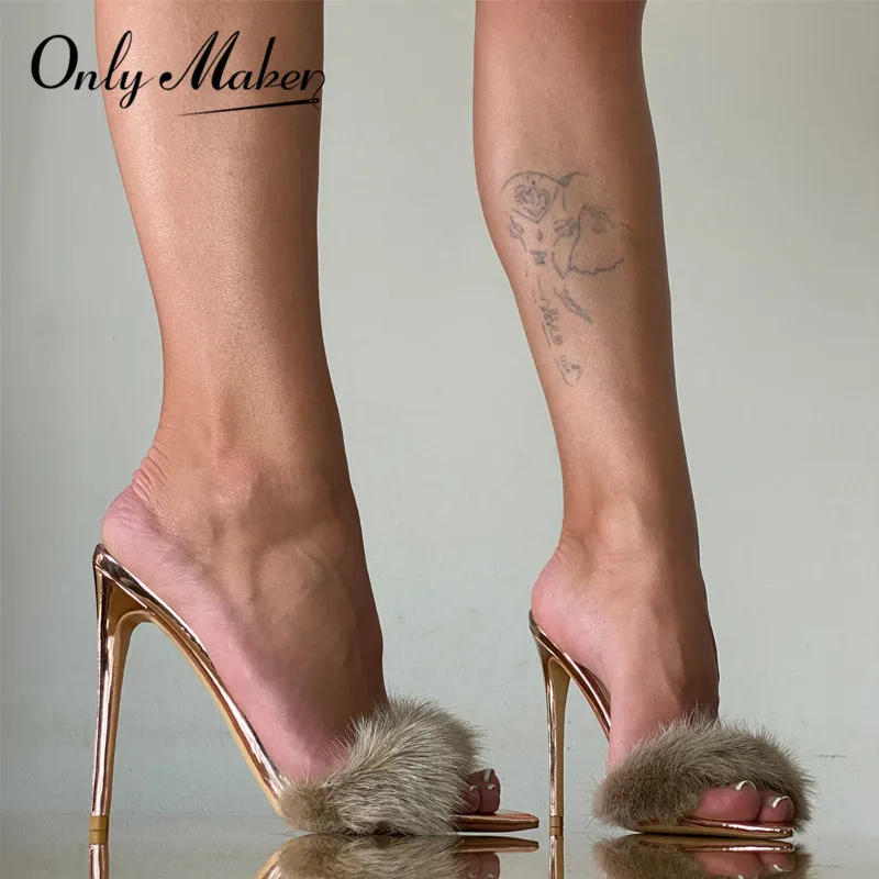 Women Peep Toe Mules Artificial Fur Slip On Gold White Thin High Sandals Big Size Summer Heels