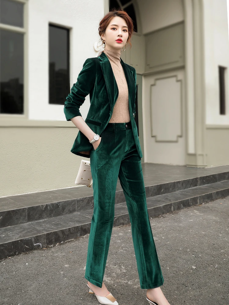 Fall Autumn Winter Long Sleeve Blazer and Pant Suit Ladies Women New Arrival Casual 2 Piece Set Green Black Red Purple Blue