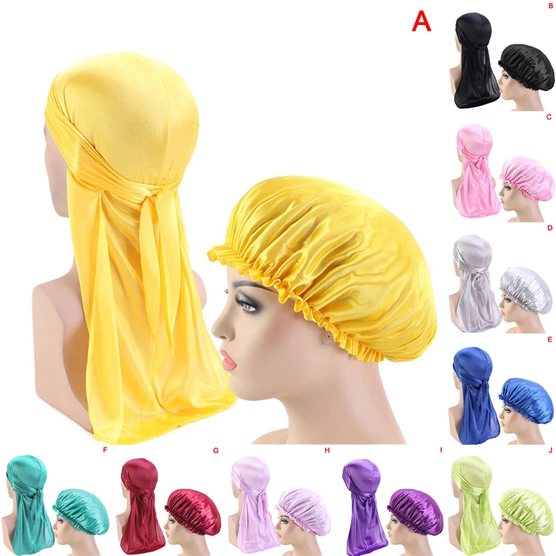 2pcs Solid Sleep Cap Long Tail Cloak Hat Head Scarf Hat Cycling Cap Head Wrap Shower Cap