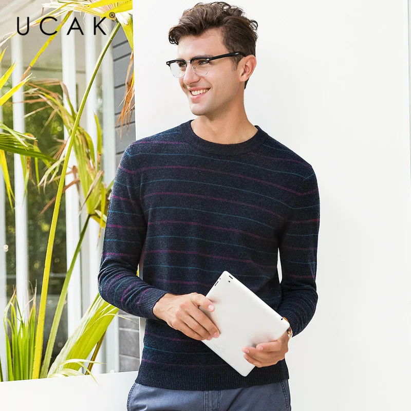 Reviews UCAK Brand Pure Merino Wool Sweater Men Casual Striped O-Neck Pullover Men Autumn Winter Warm Cashmere Sweaters Pull Homme U3073