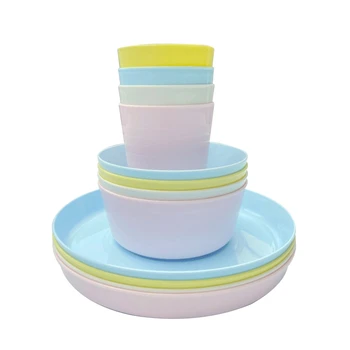

12 Piece Plastic Dinnerware Set, Reusable BPA Free 4 Cups, 4 Bowls and 4 Plates Suitable for Toddlers, Kids, Children, Picnic