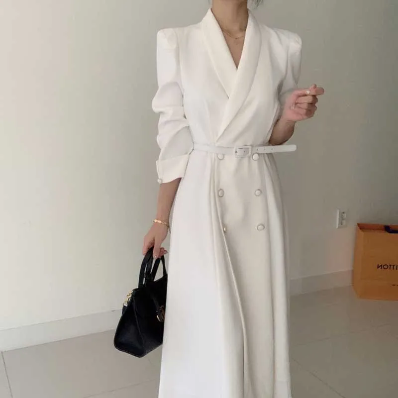 2020 Spring Autumn Women Long sleeve dress Korean One-piece elegant Double breasted Suit dress lady Office party dress vestidos