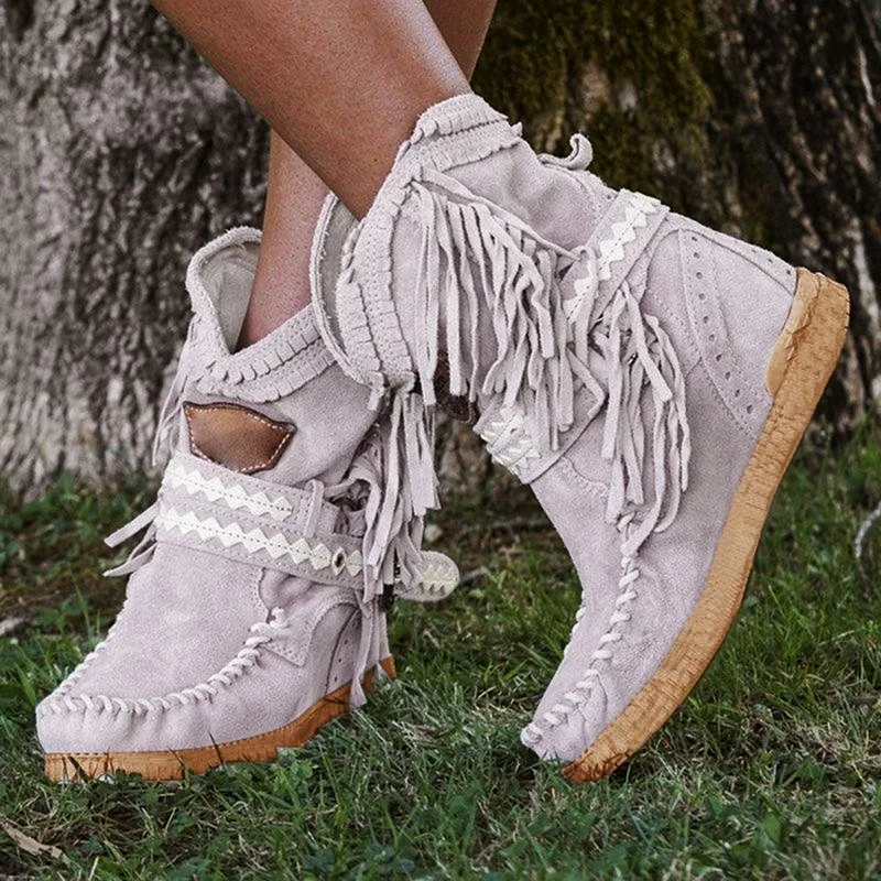 

Women Ankle Short Boots Tassels Round Toe Buckle Strap Boots Ethnic Style Warm Non-slip Boots Shoe For Ladies