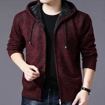 Thick Cardigan Men Sweater Fashion Autumn Winter Trendy Zipper Coat Solid Hooded Casual Warm Jacket Knitted Men Sweater Cardigan