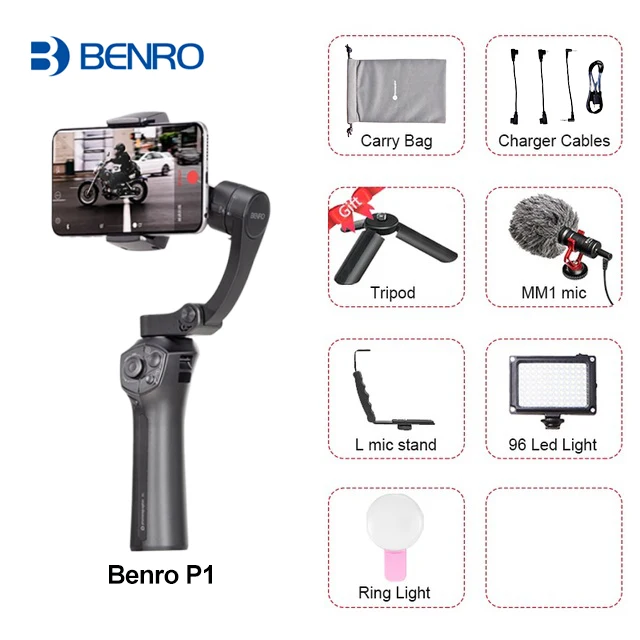 BENRO P1 3 оси смартфон Gimbals Ручной Стабилизатор для Gopro iPhone huawei XiaoMi Pk Snoppa Atom DJI Osmo mobile 3 2 - Цвет: Package9