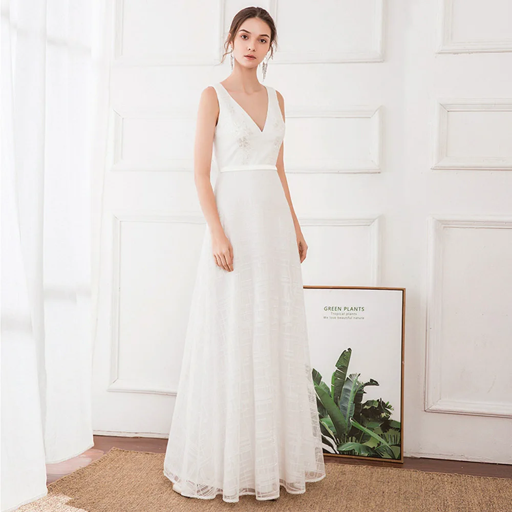 

Elegant Beach Prom Dresses A-Line V-Neck Sequined Floor Length White Lace Wedding Evening Party Gowns Prom Dresses