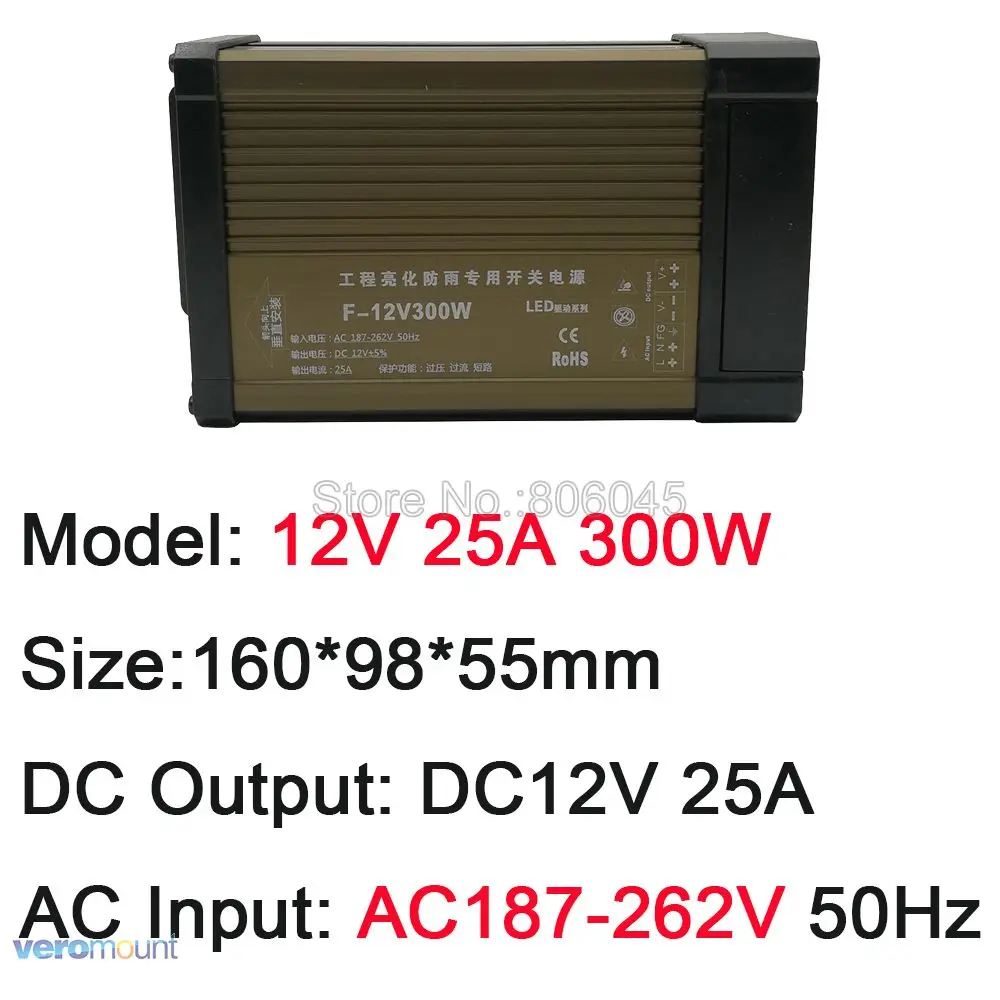 12V светодиодный трансформатор Светодиодный драйвер постоянного тока в переменный ток 12 В на открытом воздухе непромокаемые IP54 Питание 12V 5A 8.5A 12.5A 16.5A 20A 25A 33A 42A