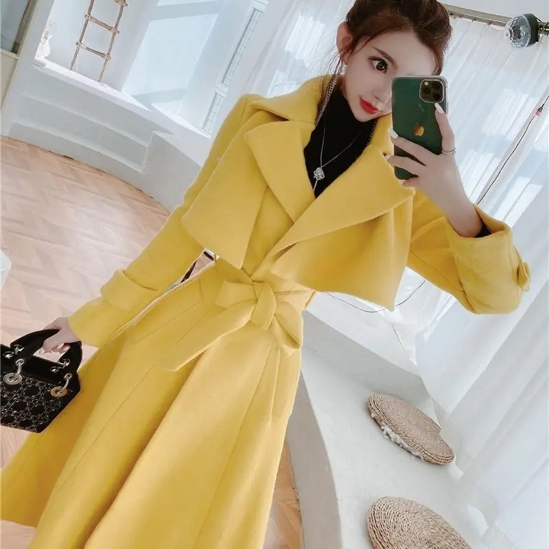Autumn Winter New Full Sleeve Thick Warm Fashion Yellow coats Women Woolen Coat - Цвет: Цвет: желтый