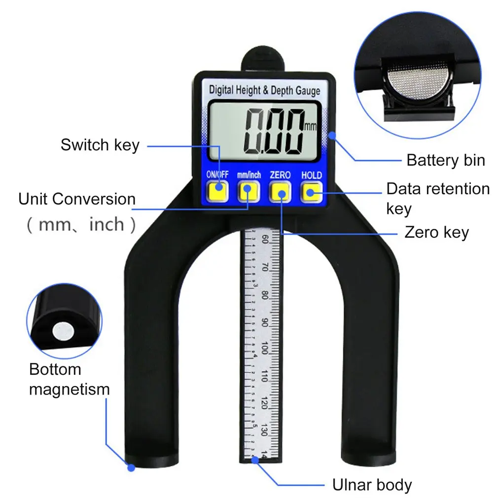 0-80 мм lcd Цифровой измеритель глубины деревообрабатывающие Штангенциркули измерительные инструменты для измерения высоты Магнитная самостоящая апертура
