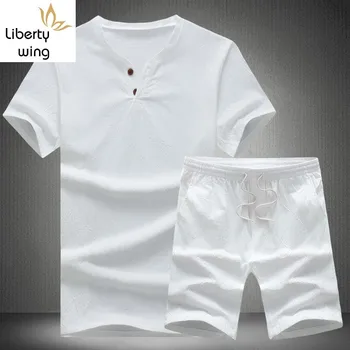 

New Arrival Summer Fashion Short Sleeve Male Two Piece Sets Shorts For Men Breathable Cotton Linen Plus Size M-5XL Set