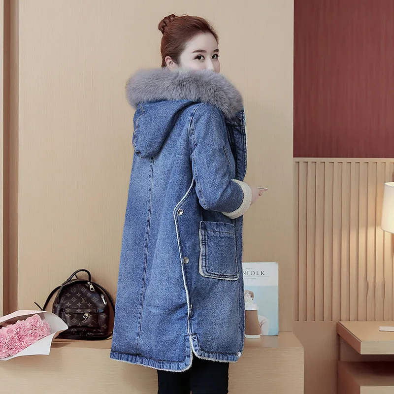 

Photo Shoot 2019 Winter New Style WOMEN'S Dress Mid-length Large Fur Collar Cowboy Cotton-padded Clothes plus Velvet Berber Flee