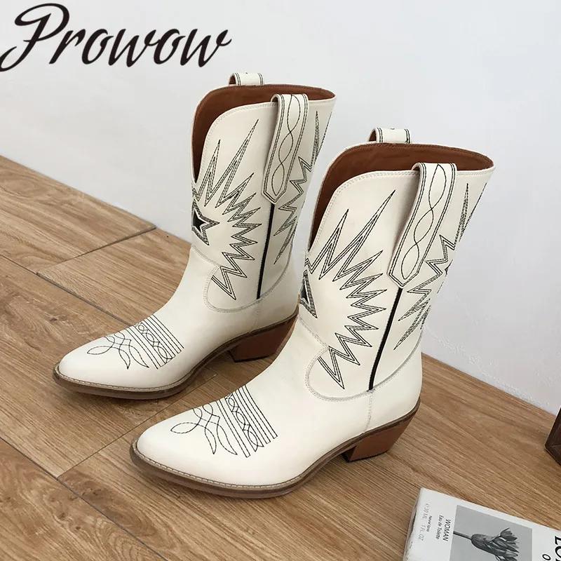 

Prowow New Vintage Sexy Pointed Toe Cowboy Women Boots Slip On Thick Heel Floral Embroidery Autumn Winter Boots Shoes