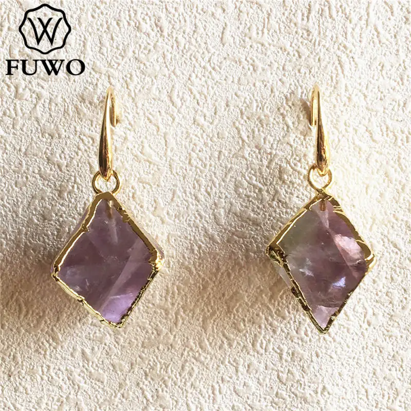 Purple FUWO натуральные флюоритовые серьги с золотой отделкой Модные Зеленые фиолетовые хрустальные кварцевые серьги-капельки для женщин ER255 - Окраска металла: Purple