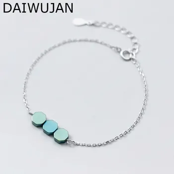 

DAIWUJAN 100% 925 Sterling Silver Fashion Women's Jewelry Tiny Thin Chain Green Geometric Octagon Iron Stone Charm Bracelets