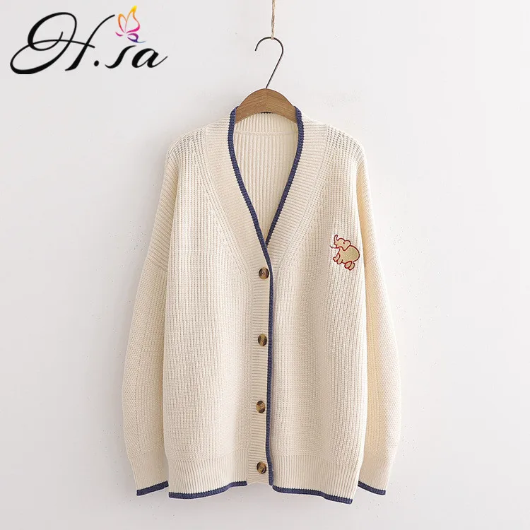 HF19123 Beige H. SA женские черные вязаные кардиганы с v-образным вырезом и пуговицами, свитер с героями мультфильмов, джемперы с v-образным вырезом, длинные зимние шикарные кардиганы с открытой строчкой в Корейском стиле - Цвет: HF19123 Beige