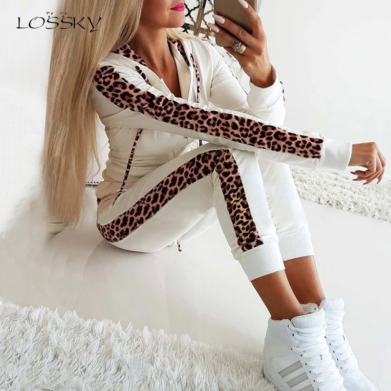 

Lossky Women Two Piece Set Sexy Leopard Patchwork Long Sleeve 2019 Autumn Winter Casual Trousers Suit Warm Fall Leisure Outfit