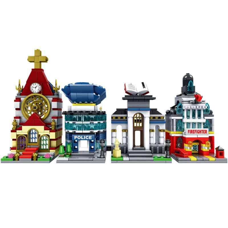 

Small particles City Mini Street View Building Blocks Police station Fire department library Model set bricks Toys for children