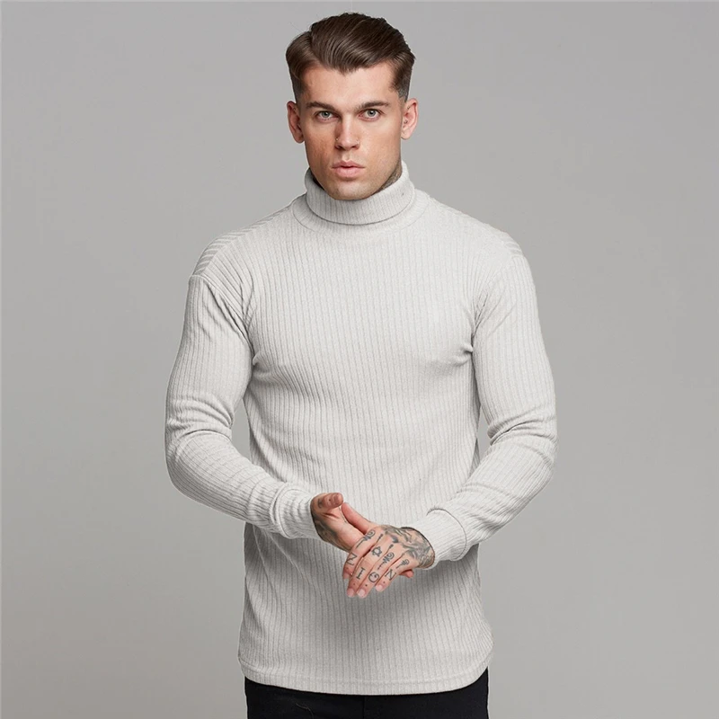 Новые модные зимние свитера с воротником под горло, мужские свитера, облегающий пуловер, мужской классический Эластичный вязаный свитер