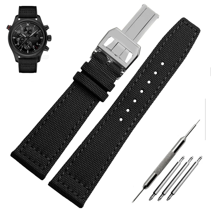 Green and Black Nylon Leather Watch Band Strap with Silver Pin Buckle - High Quality