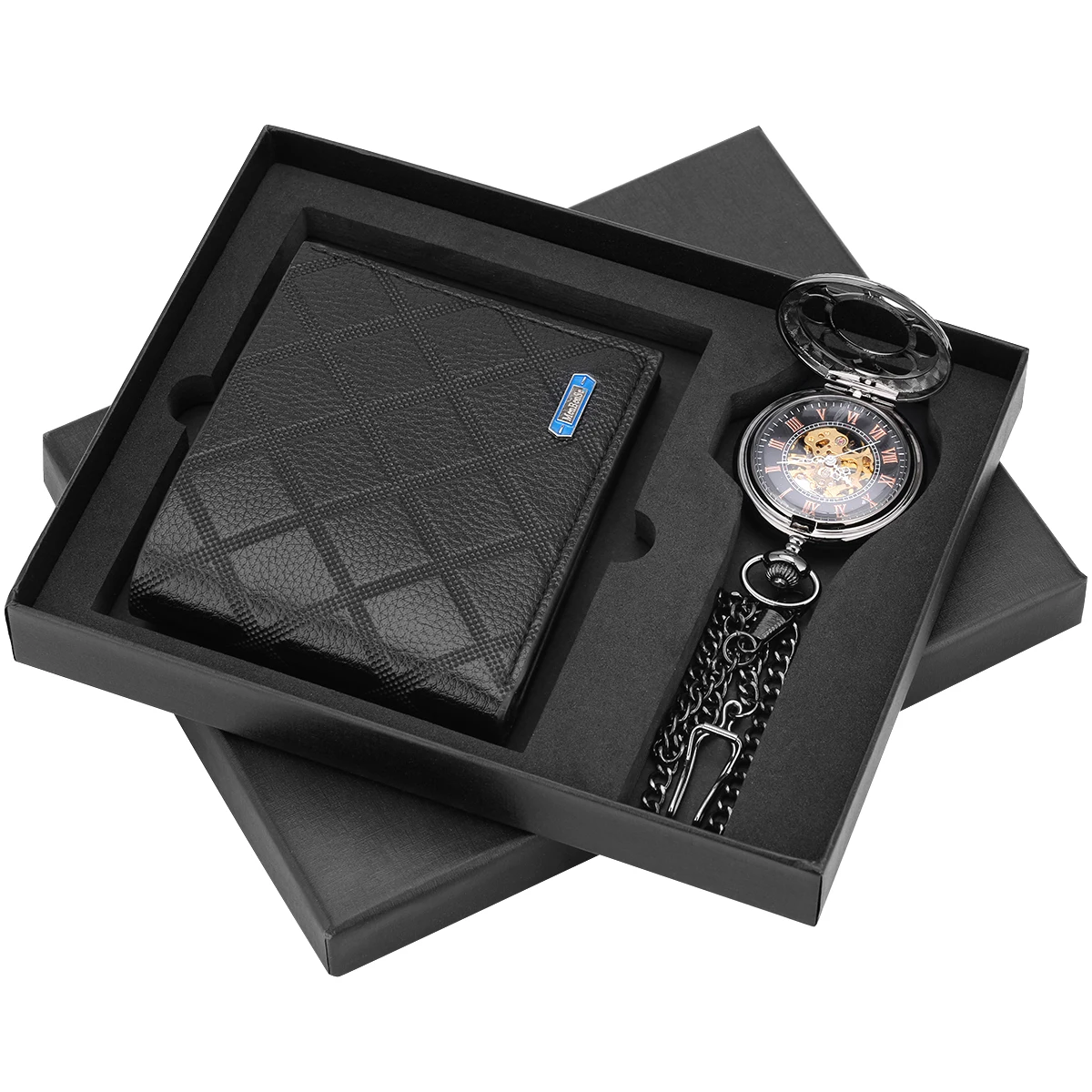 Gift set 1 Карманные часы, бумажник, набор, выдолбленные Механические ручные часы, карманные часы, кожаный бумажник для отца, мужчины, бойфренда - Цвет: Gift set 1