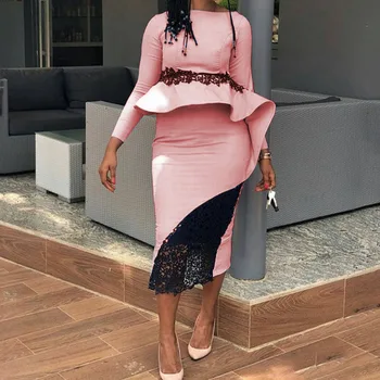

African Women Dress Lace Patchwork Bodycon Cocktail Party Dresses Ladies Ruffles High Waist Long Sleeves Office Retro Vestido