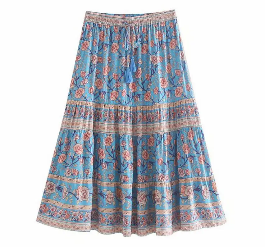 Длинная юбка в богемном стиле с цветочным принтом, сшитая рюшами и рюшами на подоле, женская пляжная юбка со шнуровкой на талии - Цвет: Синий