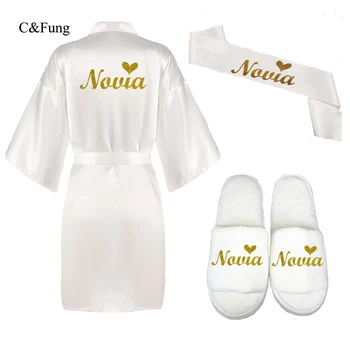 

3pc set of glitter gold novia robe bride slippers bridal sash foil writing Espanol spanish kimono la novia women pajamas robe