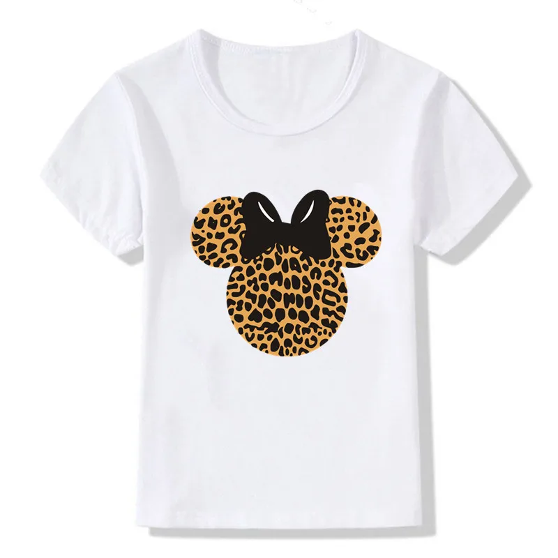 

Cute Summer Tshirt Leopard Printed Graphic Flower Fashion Minnie T-Shirt Mouse Micky Ear Shirt Girls Tee Hipster Kids T Shirt