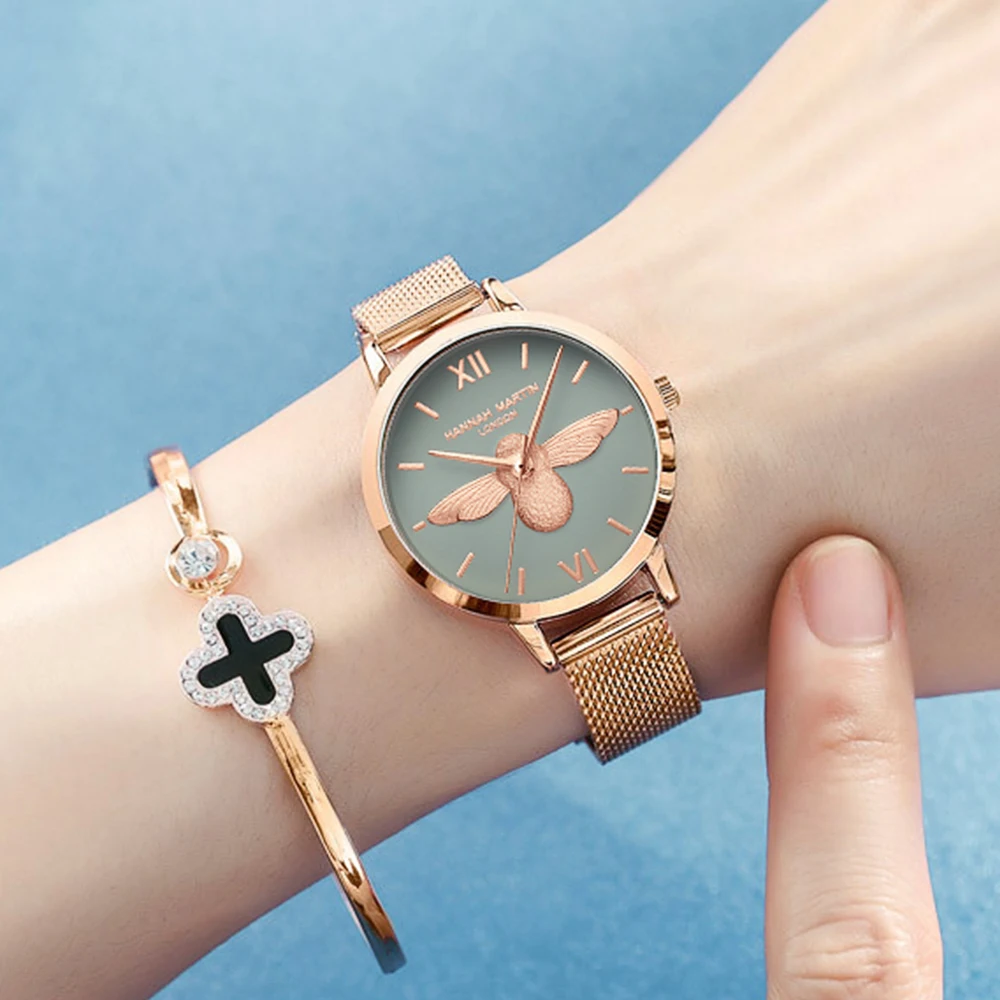 

Japanese movement bee embossed quartz ladies watch simple stainless steel mesh belt watch