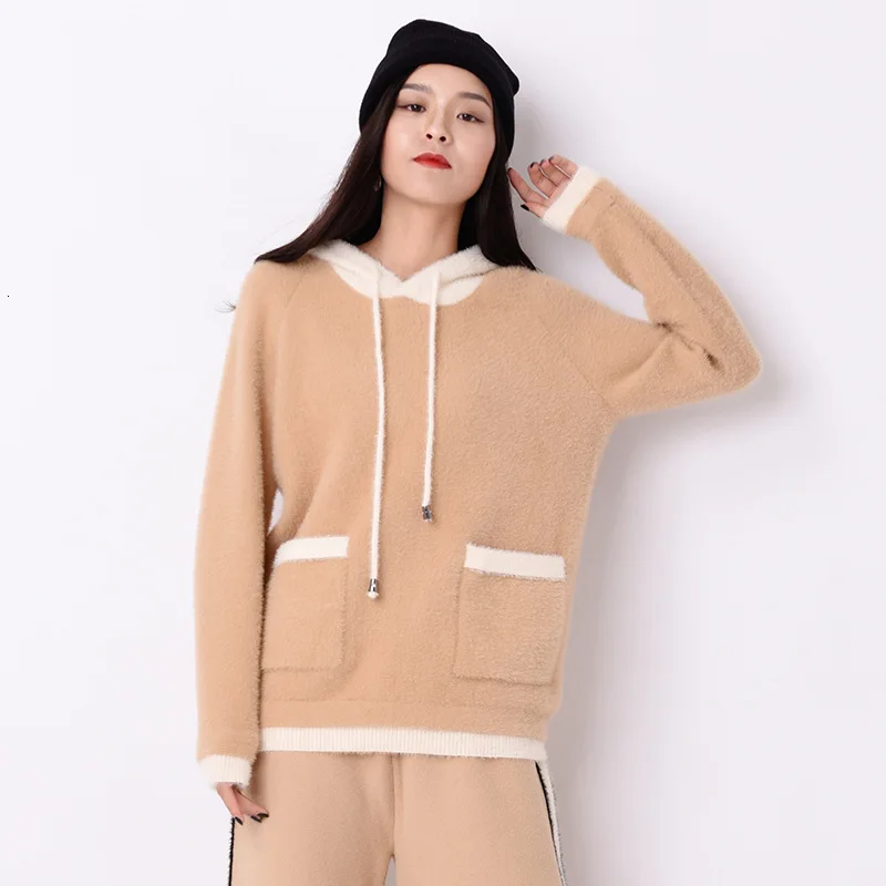 Camel coat Сезон досуг имитация норки Mao Pinjie хит цвет даже Полночь Твинсет легко широкие брюки костюм - Цвет: Camel coat