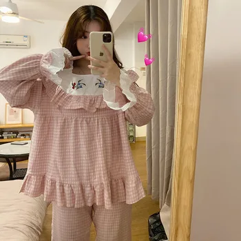 

XIFER Plaid Pajama Set Ladies Korean Sweet Princess Cute Cotton Pajama Full Sleeve Autumn 2-piece Sleepwear One Size for Women