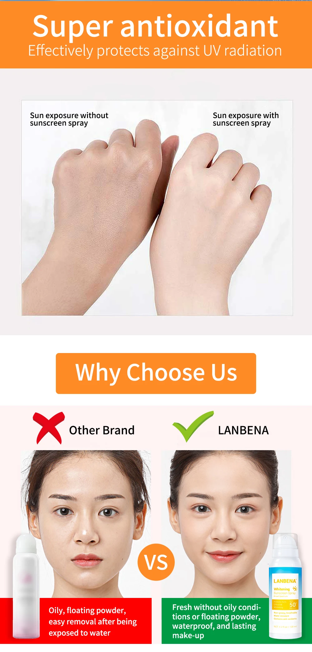 Lanbena Spf Осветляющий спрей солнцезащитный крем дышащий эффективно против излучения водостойкий 120 мл BREYLEE
