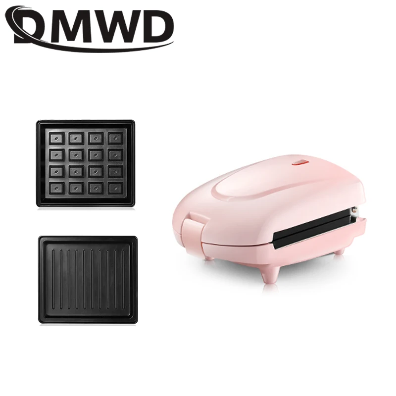 Pink 2 trays 2 DMWD мини Бутербродница электрическая вафельница машина Panini печь для выпечки торта Хлеб Маффин тостер для завтрака 3 дополнительные пластины ЕС - Цвет: Pink 2 trays 2