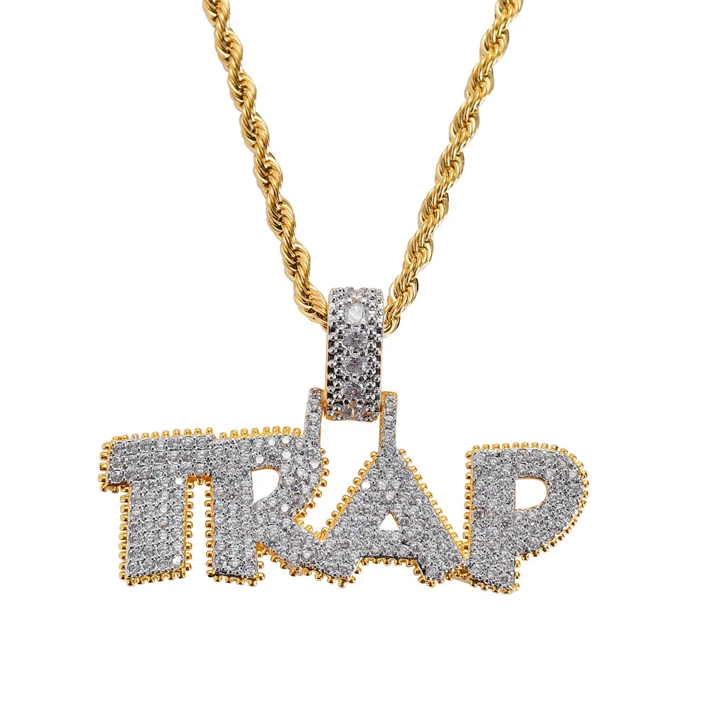 

Iced Out Chain 18K Gold Plated Bling CZ Simulated Diamond Letters TRAP Pendant Men's Hip Hop Necklace for Men Charm Jewelry