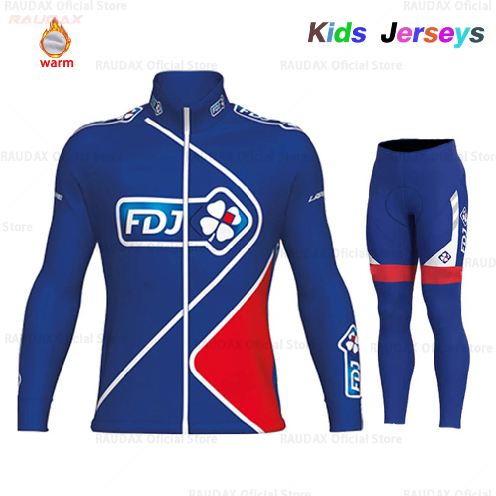 

2019 FDJ Winter Thermal Fleece Cycling Jerseys Suit Long Sleeve MTB Bicycle Bike Clothes Cycling Clothing Set Fiets Kleding Kids