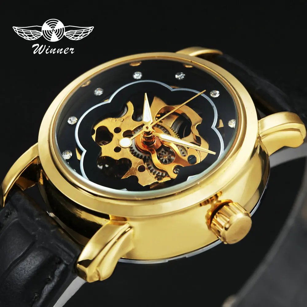 

WINNER Official Brand Luxury Unisex Men Automatic Mechanical Watch Leather Strap Flower Design Crystal Iced Out Wrist Watches