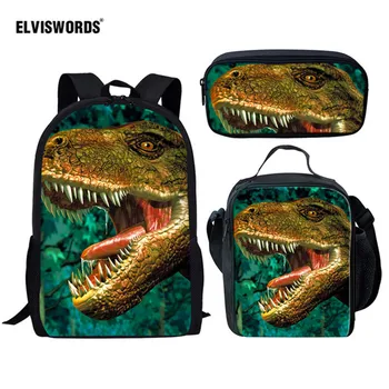 

ELVISWORDS 3D Dinosaur Print 3pcs School Backpacks Set for Boys Orthopedic Satchel Travel Bag Pack Kids Book Mochila Escolar