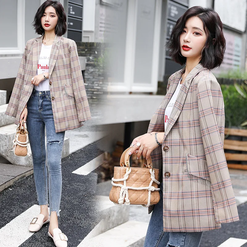 

Plaid Suit Jacket Women's 2019 New Style South Korea Spring And Autumn Hong Kong Flavor Retro Coat Casual England Suit